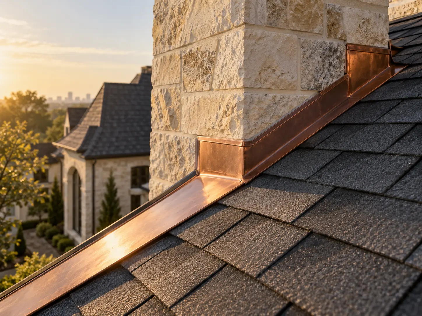 Copper flashing meeting charcoal shingles and a limestone chimney
