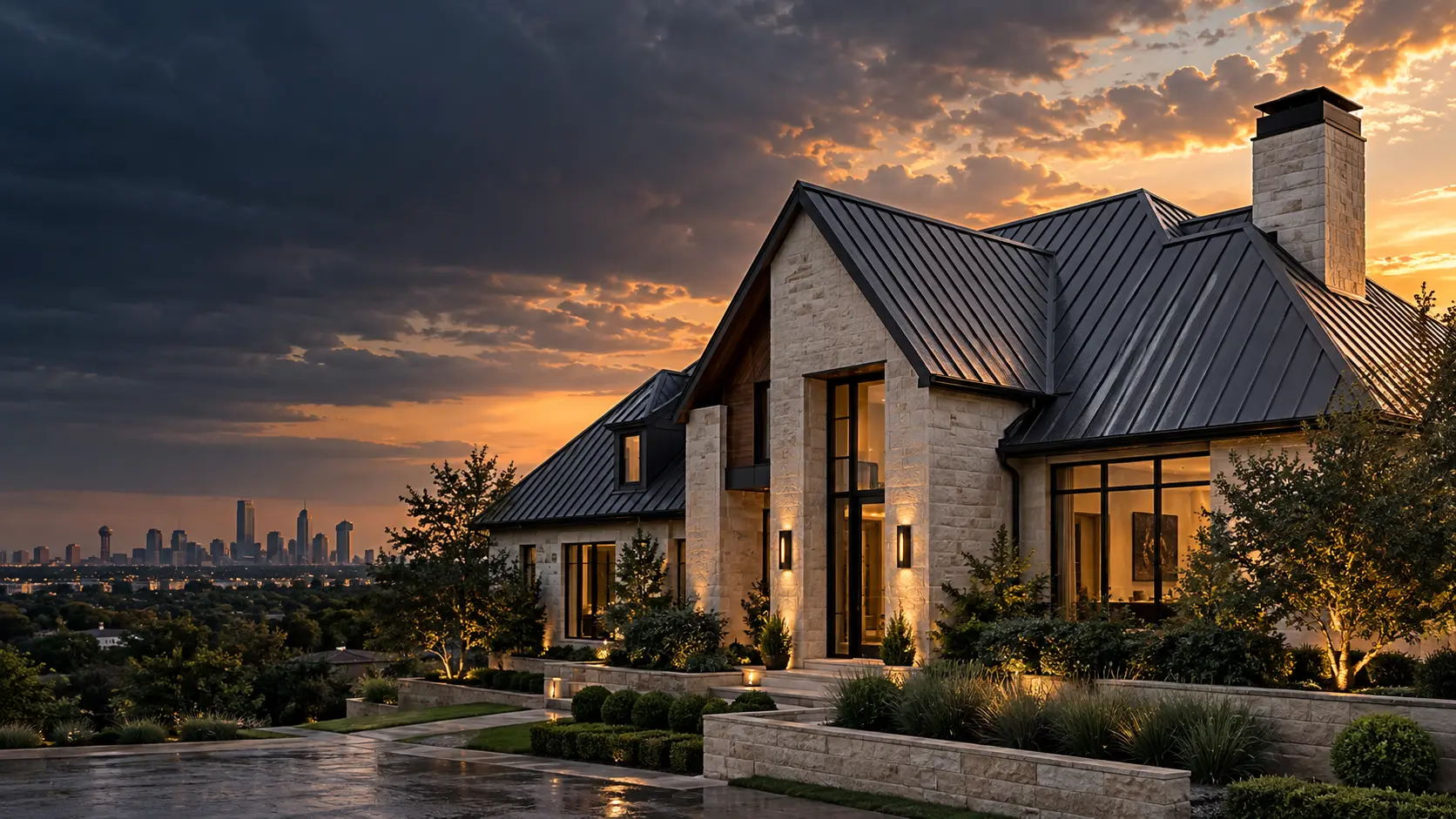 Contemporary Dallas home with a dark standing-seam roof at sunset