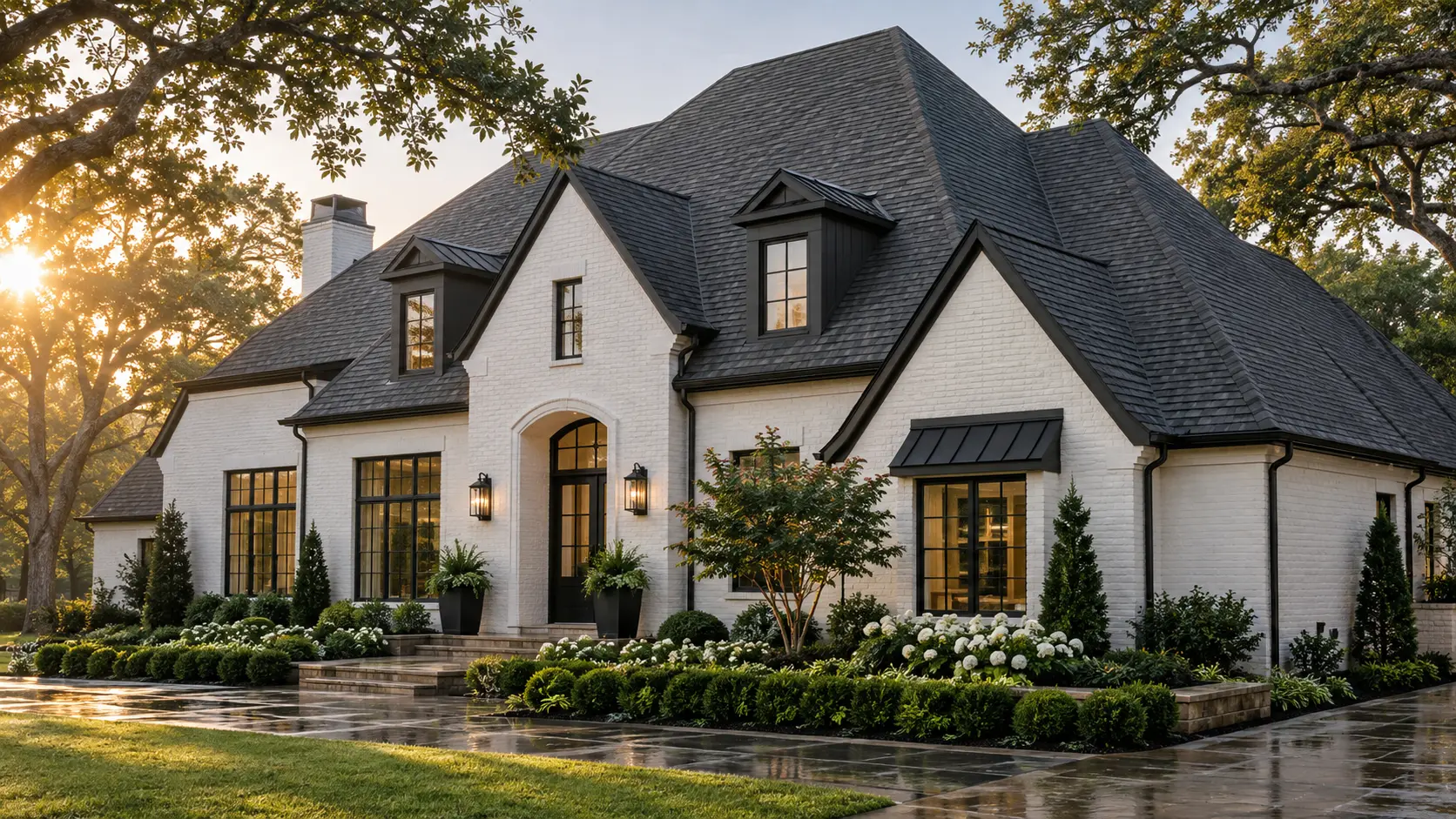 White-brick transitional home with a completed charcoal architectural-shingle roof