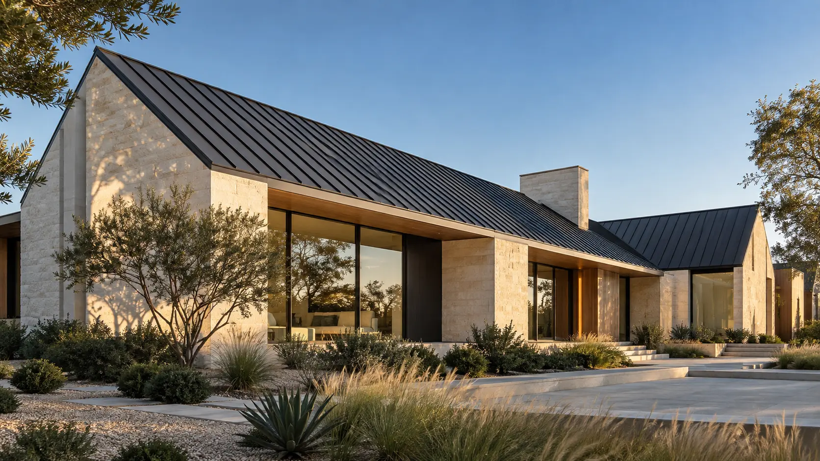 Modern limestone home with a matte-black standing-seam roof