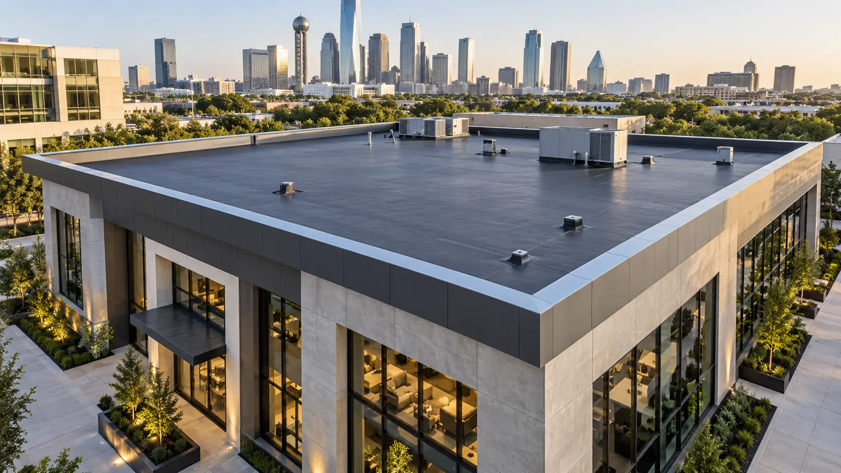 Dallas commercial building with a completed low-slope membrane roof