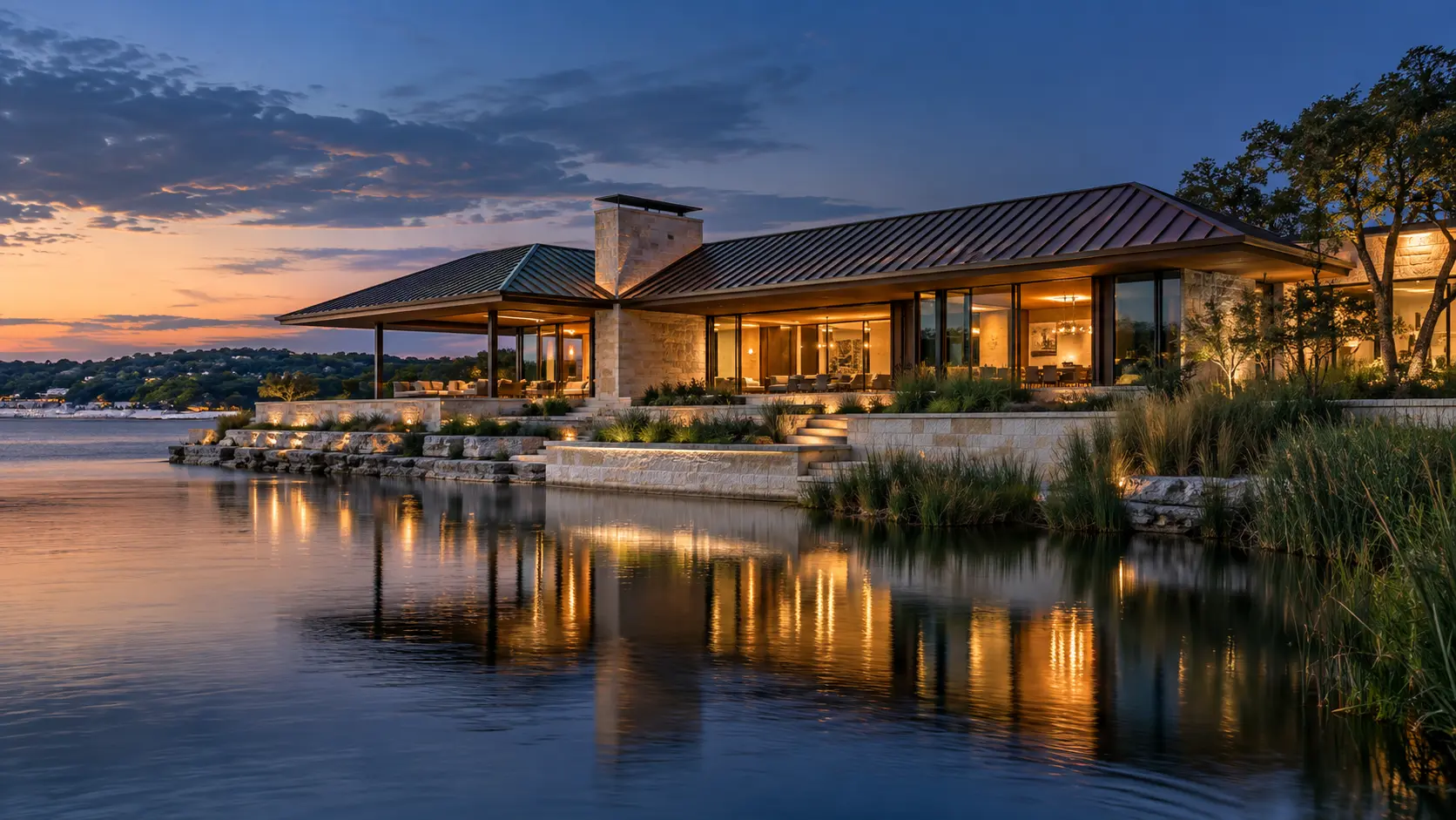 Lakeside limestone residence with a completed bronze standing-seam roof at blue hour
