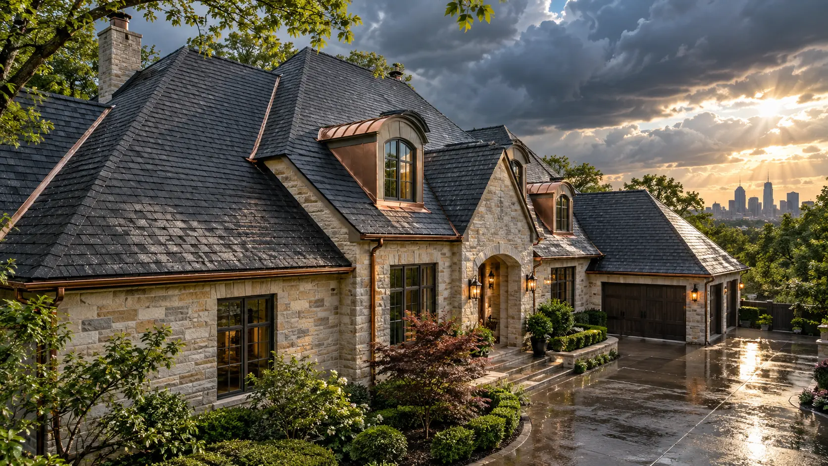 Dallas stone home with a completed charcoal roof and copper-accented dormers after rain