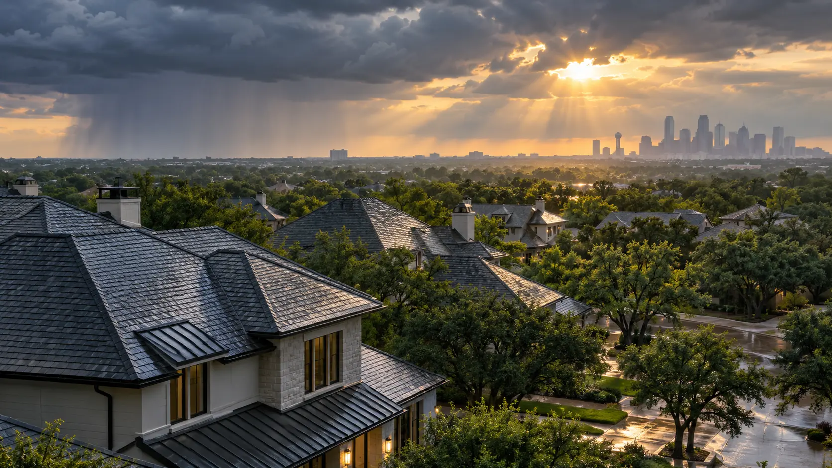Dallas rooflines beneath clearing storm clouds